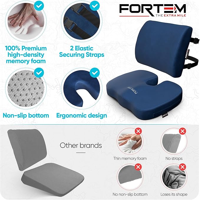 FORTEM Seat Cushion, Office Chair Cushion, Lumbar Support Pillow for Office Chair, Memory Foam Sciatica Coccyx Tailbone Pressure Pain Relief, Car Sitting Pad, Washable Non Slip, XL