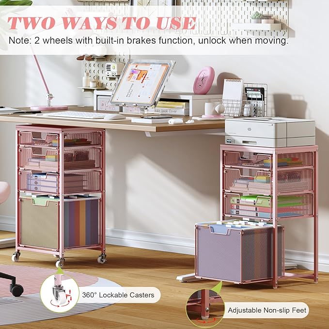 Sbanmao 4 Drawer Rolling File Cart Under Desk Storage, File Cabinets for Home Office, Mobile Filing Cabinet, Hanging File Organizer with Wheels, Utility Cart Printer Stand, Pink (Patent Pending)