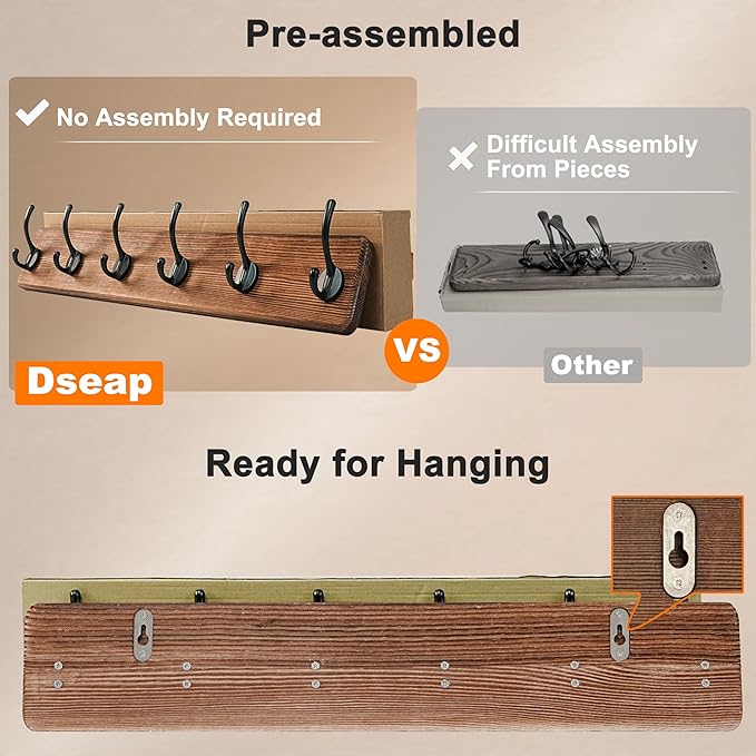 Dseap Coat Rack Wall Mount: 38-1/4" Long, Patented, Heavy-Duty, 10-Double-Hooks Wooden Hanger Rail for Winter Coats Hat Jacket Clothing, White & Black