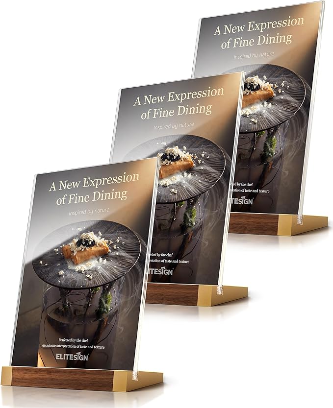 3 Pack Acrylic Sign Holder 8.5 x 11 Inch with Walnut Wood Base, Clear Tabletop Acrylic Display for Menu & Flyer Holder, Commercial Paper Stand for Restaurant, Office, Coffee, Bar, Wedding, Hotel