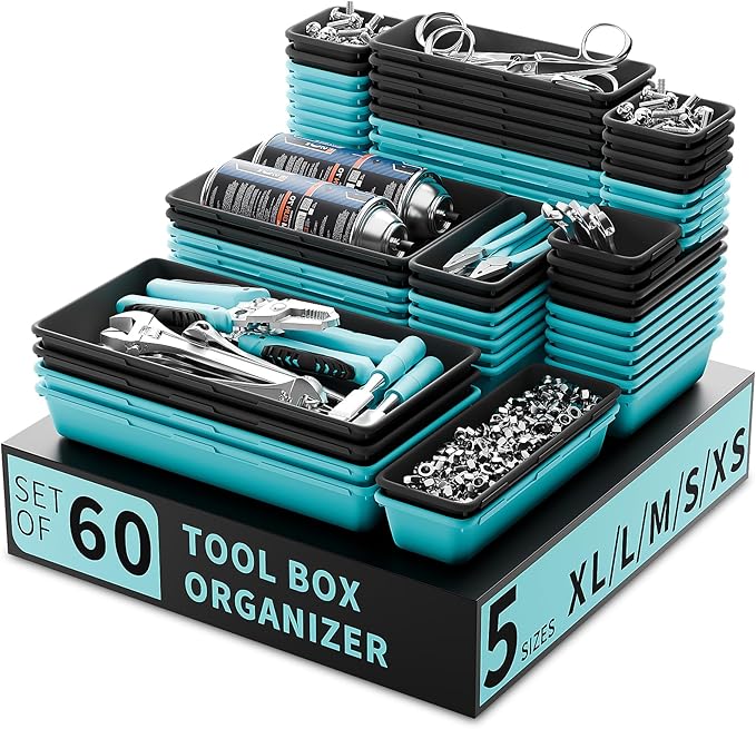 FLYVOLE Tool Box Organizer Tray, Toolbox Desk Drawer Organizer, Tool Box Tray, Toolbox Organization Storage for Rolling Tool Chest (60PCS (Blue+Black))