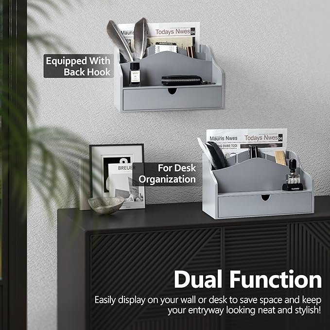 Rebee Vision Pine Wood Mail Organizer for Desk - Minimalist Rustic Style Countertop Mail Sorter for Letters, Files & Magazine - Wooden Folder Organizer with Drawer for Office Desk & Home Decor (Gray)