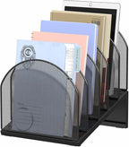 OUTIOE 5-Section Desk File Organizer, Metal Mesh Folder Organizer for Documents, Mail & Office Papers (Black)
