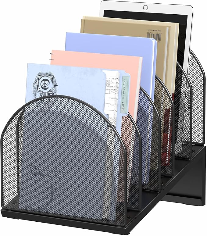 OUTIOE 5-Section Desk File Organizer, Metal Mesh Folder Organizer for Documents, Mail & Office Papers (Black)