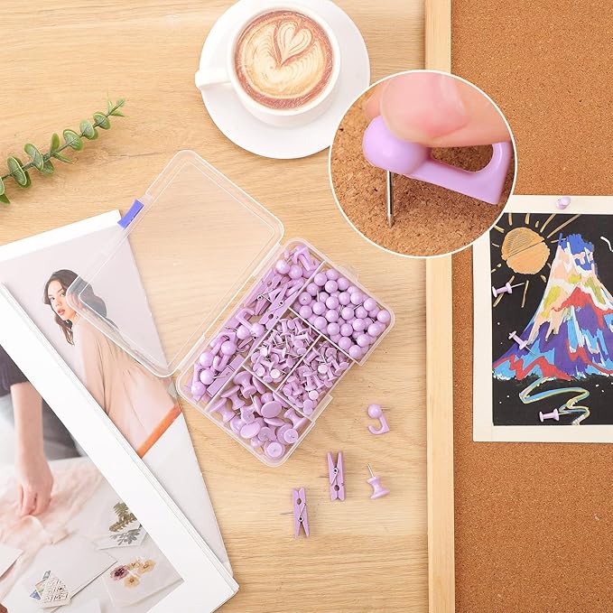 200 Pieces Push Pins Set, 5 Types Purple Thumb Tacks Cute Decorative Push Pins for Wall Cork Board Bulletin Boards with Storage Box