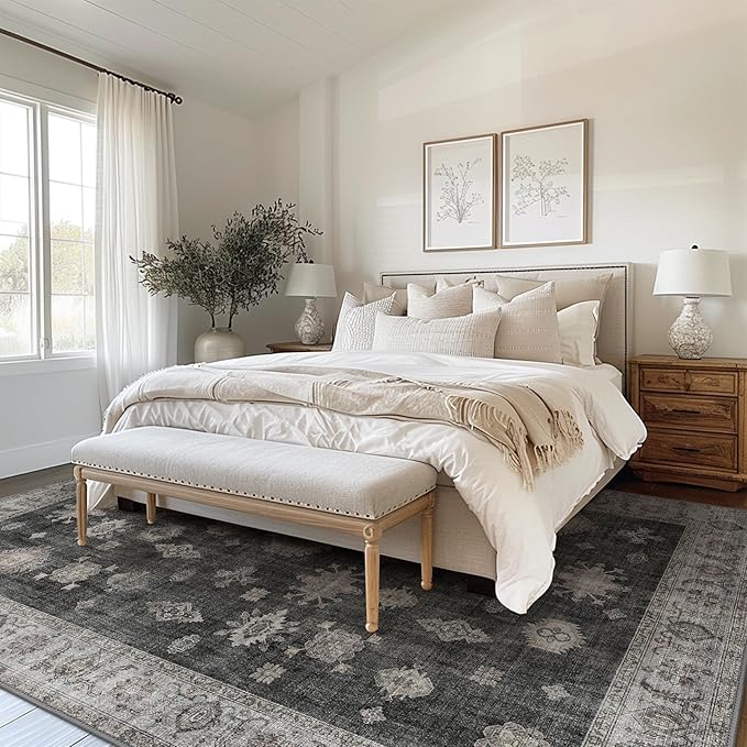 GENIMO 5x7 Area Rugs for Living Room, Machine Washable Non Slip Vintage Retro Rugs, Low Pile Lightweight Chenille Print Rug for Bedroom, Dining Room, Home Office, Charcoal