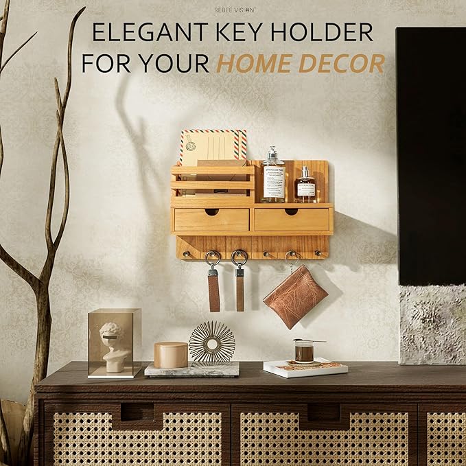 Rebee Vision Modern Farmhouse Key Holder Wall Mount with 2 Drawer Organizer - Mail Holder for Wall with 6 Key Hooks - Ideal for Entryway, Kitchen, and Living Room Decor (Light Brown)