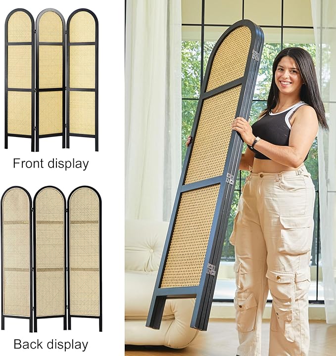 Svimi Room Divider and Folding Privacy Screens, Pine Wood 5.6 Ft Double Hinged Rattan Partition Freestanding Wall Room Divider for Home - 3 Panels