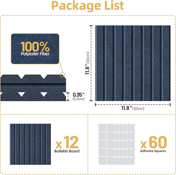 Large Cork Board for Wall 36" x 48" Blue Bulletin Board with Safe Removable Adhesive Squares for Pictures Photos, Alternative CorkBoard Felt Pin Boards Tiles for Office Classroom Wall Decor - 12 Pack