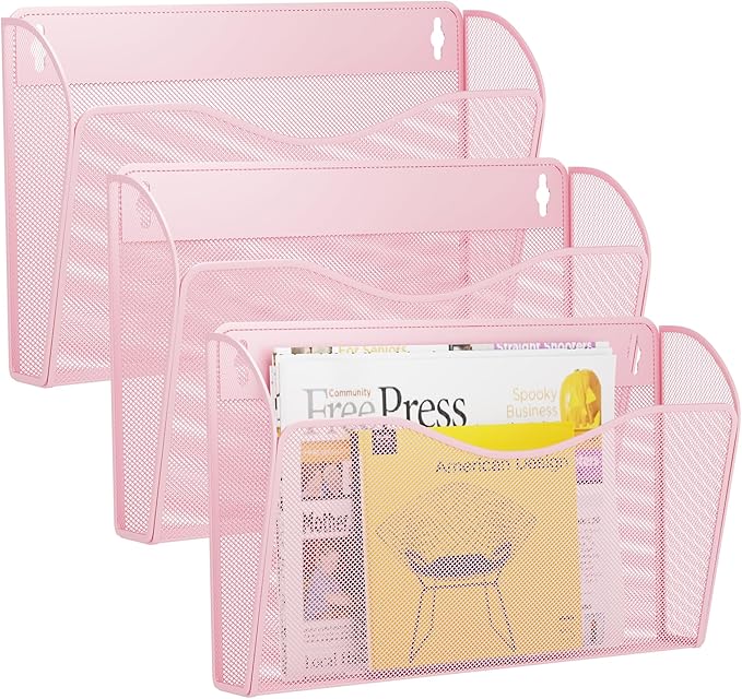GDINDINFAN 3 Single Pocket Wall File Holder, Mesh Hanging File Folder Paper Organizer, Vertical Wall Mounted Mail Basket, Storage Organization Magazine Rack for Office, Home and School, Pink
