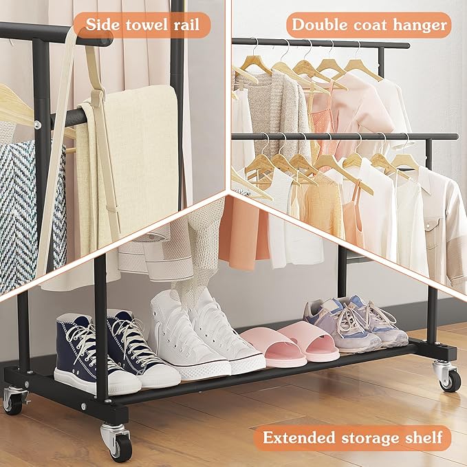 Calmootey Double Rod Clothing Garment Rack,Rolling Hanging Clothes Rack,Portable Clothes Organizer for Bedroom,Living Room,Clothing Store,Black