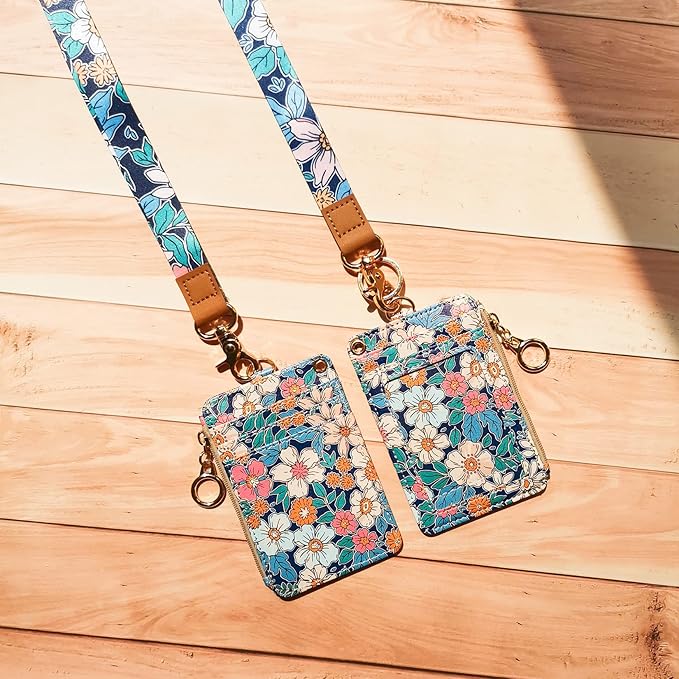 bolimoss Lanyard Wallet,Wallet Lanyard,lanyards for id Badges,lanyards for id Badges for Women,Lanyard Wallet for Women,Fashion Badge Holder with Zipper（Cartoon Floral）