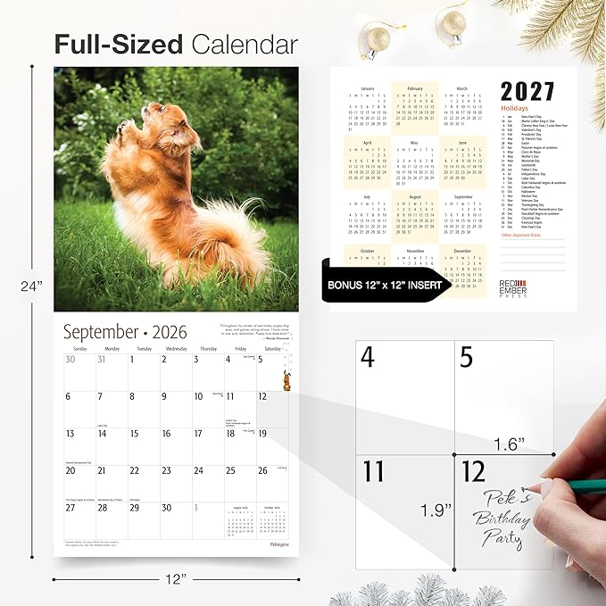 RED EMBER Pekingese 2026 Wall Calendar 12 Month | 12" x 24" Open | Thick & Sturdy Paper | Holiday Gift | Cute Puppy Dog Calendar 2026