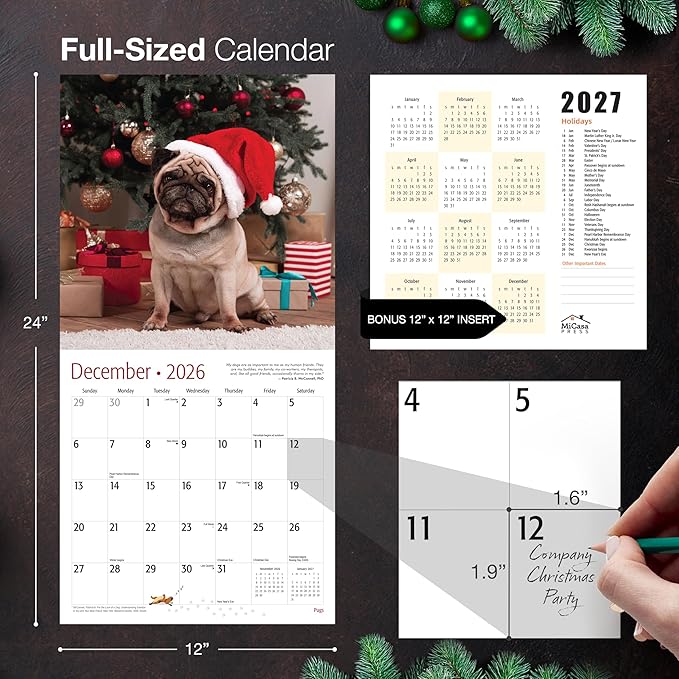 MICASA PRESS Pugs 2026 Wall Calendar 12 Month | 12" x 24" Open | Thick & Sturdy Paper | Holiday Gift | Cute Puppy Dog Calendar 2026