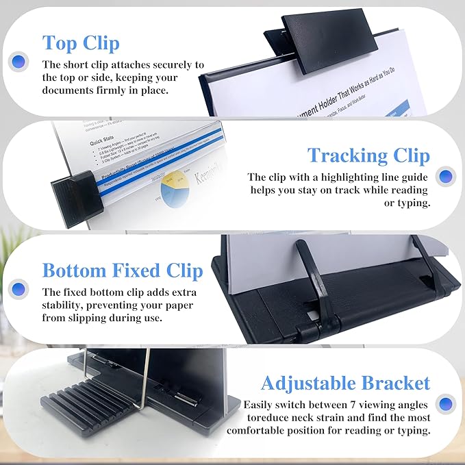 Keenjorika Desktop Document Book Holder with 7 Adjustable Positions, Black Document Holder for Desk, Paper Holder Copy Stand Holder for Speech, Paper Holder Stand for Desk Typing, Angle Adjustable