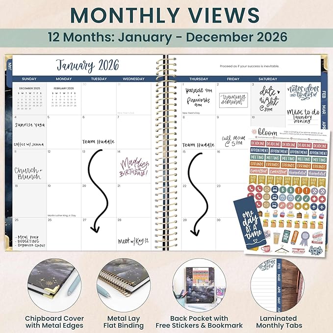 bloom daily planners HARDCOVER 2026 Planner (January to December) - 8.5” x 11” Weekly & Monthly Dated Agenda Organizer Book with Stickers & Tabs - Midnight Sky
