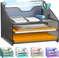 Samstar Desk File Organizer, Mesh Letter File Folder Holder with 3 Paper Trays and 2 Vertical Upright Section, for Office Supplies,Desk Accessories & Workspace,Black.