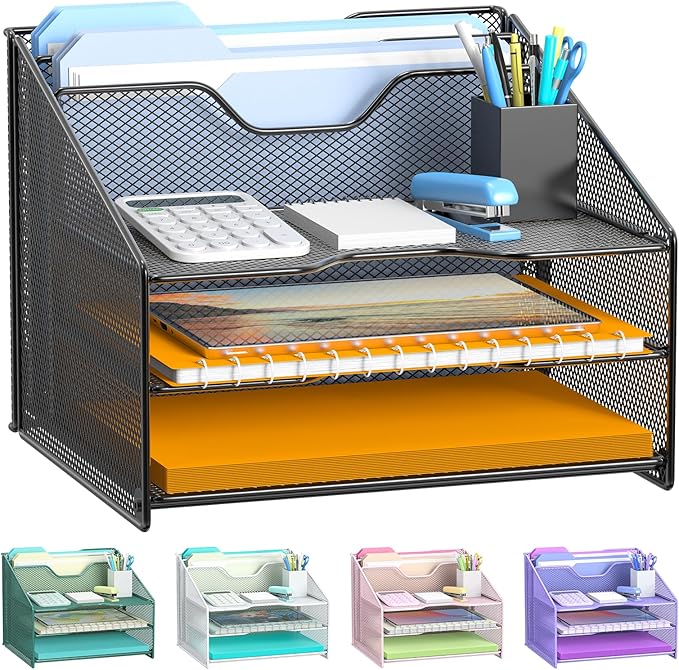 Samstar Desk File Organizer, Mesh Letter File Folder Holder with 3 Paper Trays and 2 Vertical Upright Section, for Office Supplies,Desk Accessories & Workspace,Black.