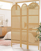 Svimi Room Dividers and Folding Privacy Screens, Pine Wood 5.6 Ft Double Hinged Rattan Partition Freestanding Wall Room Divider for Home - 3 Panels (Natural)