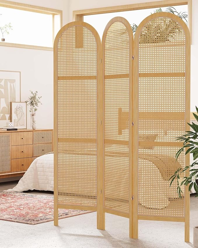 Svimi Room Dividers and Folding Privacy Screens, Pine Wood 5.6 Ft Double Hinged Rattan Partition Freestanding Wall Room Divider for Home - 3 Panels (Natural)