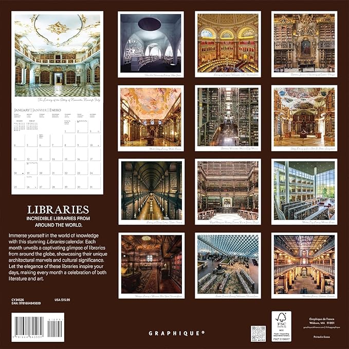 Graphique 2026 Libraries Wall Calendar | 12” x 12” | Thick Paper | Home & Office Organizer | Large Monthly Grid | 3 Languages & Marked Holidays | 4 Month Preview Page for 2027