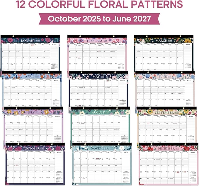 Desk Calendar 2026, 21 Months Calendar Runs from October 2025 to June 2027 - Large 17" x 12" Desktop/Wall Monthly Planner for Home School, or Office - Twilight Petals