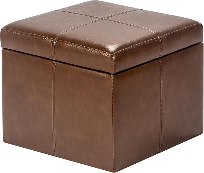 Adeco Faux Leather Cube Storage Ottoman, Coffee Brown Ottomans for Living Room, Bedroom