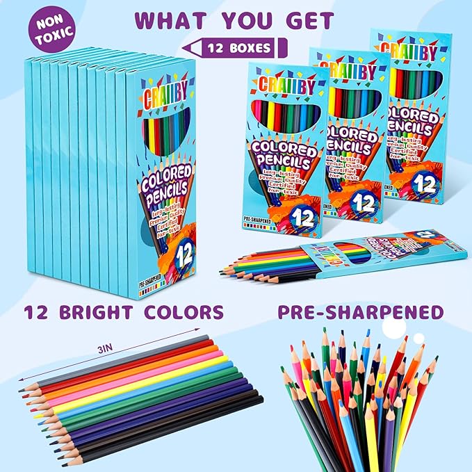 Craiiby Premium Colored Pencils, Soft Core, 288 Count (Pack of 24), 12 Colors Pre-sharpened Color Pencils Bulk, Back to School Supplies, Classroom Prizes (12)