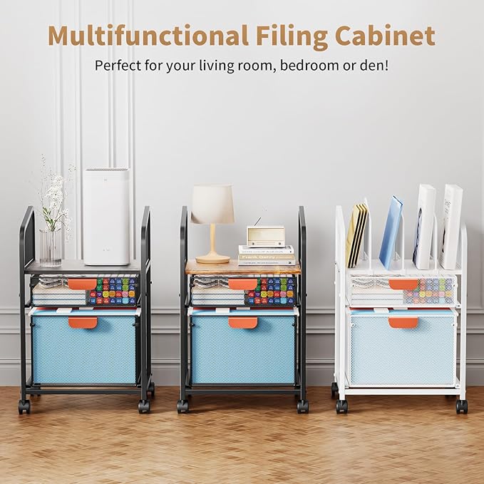 Marbrasse Rolling File Cart with Adjustable Dividers, Mobile File Cabinet on Lockable Wheels, Office Filing Cabinet Organizer, Hanging File Folder Organizer for Home Office - Black