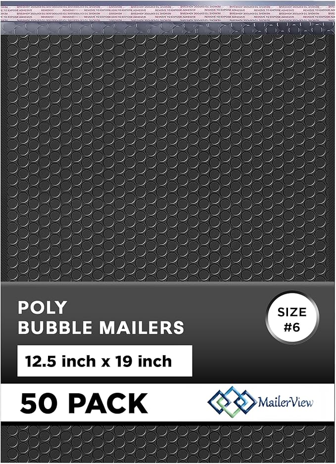 Black 12.5x19.5 Inch Large Poly Bubble Mailers #6 | Padded Envelopes with Self Seal | Air Lined Cushioned Bubble Mailer | Usable Size 12.5x15 | 50 Pack Bulk | Lightweight shipping Bags