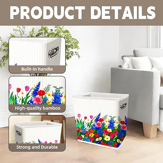 Fozxsvg Colorful Painting Bamboo 4.5 Gallon Fabric Trash Can, Cute Storage Baskets, Decorative Trash Bin for Bedroom, Office, Living Room, Kitchen