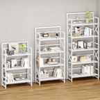 THKKY No Assembly Folding Bookshelf, 5 Tiers Vintage Wood Collapsible Book Shelf for Storage,Industrial Metal Foldable Bookcase Organizer for Living Room Bedroom Home Office (White)