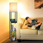 Floor Lamp with Shelves, RUNTOP LED Shelf Floor Lamp with Wireless Charger & 2 Charging USB Ports & Drawer, AC Outlet, 3 Color Temperature Tall Standing Lamp with Bulb for Living Room, Bedroom, Office