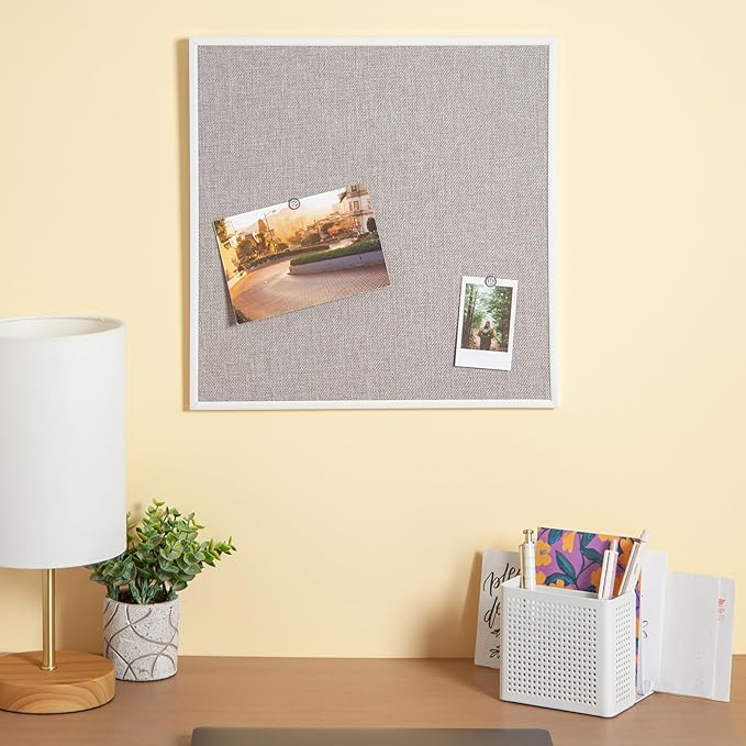 U Brands Farmhouse Linen Bulletin Board, 14" x 14", White Metal Frame, Industrial Grade Pinning Surface