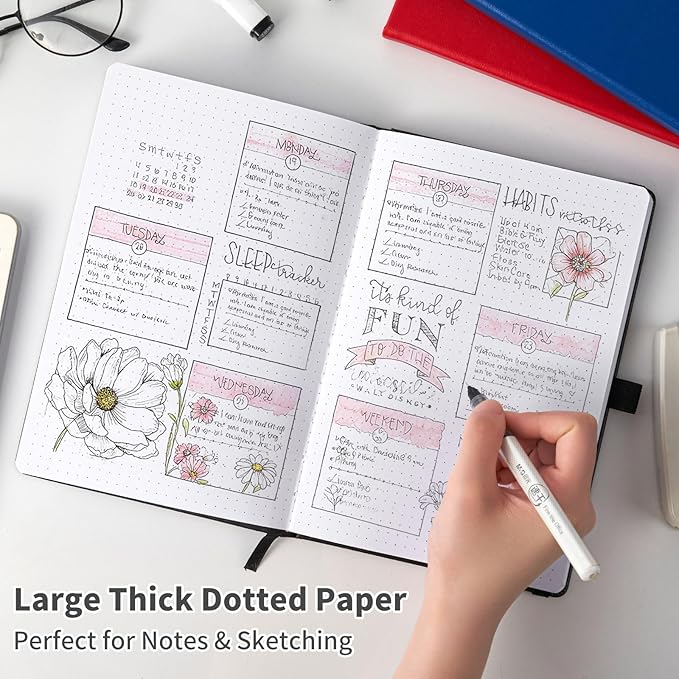 Heture Hardcover Notebooks, A5 Dotted Journal Notebook for Writing 160 Pages, 8.2 x 5.5 inch, Classic Dotted Notebooks for College/Work/Travel(Red 3 Pack)