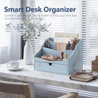 Rebee Vision Pine Wooden Mail Organizer for Desk - Rustic Farmhouse Mail Holder for Desk Organization with Drawer & Dividers - 4-Slot Letter Sorter, File Storage & Home Office Decor (Blue)