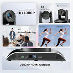 TONGVEO All-in-One Conference Room Video Camera System Al Auto-Tracking HD1080P 60fps 3X Optical Zoom USB3.0 HDMI PTZ Camera and Bluetooth Conference Speakerphone with Microphones