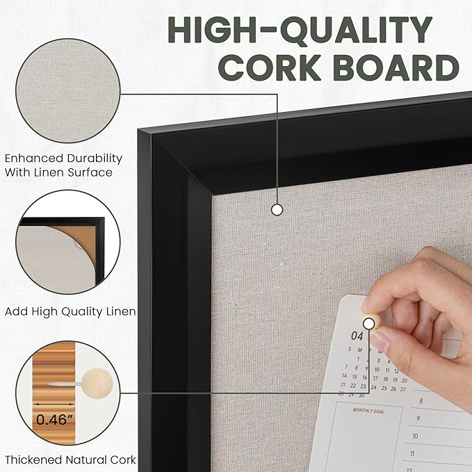 Bulletin Board Cork Board with Linen, 100% Wood Framed 24" x 36" Bulletin Board Decorations, Pin Boards for Walls, Wall Mounted Fabric Picture Board with 10 Pushpins for School, Home & Office, Black