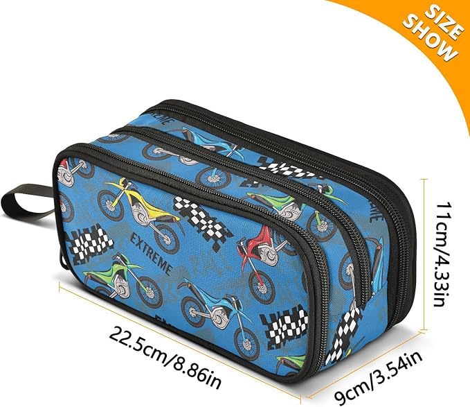BOENLE Colorful Motorcycle Pencil Case Box Boys Girls Large Pencil Pouch with Zipper Compartments Big Capacity Stationery Pen Bag Organizer for Kids Teens Adults School
