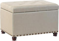 Decent Home 24" Storage Ottoman, Fabric Ottoman Foot Rest Stool with Hinged Lid, Tufted Rectangle Upholstered Footstool, Load up to 350 lb, for Living Room, Bedroom, Dorm, Beige, Bronze Rivets
