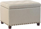 Decent Home 24" Storage Ottoman, Fabric Ottoman Foot Rest Stool with Hinged Lid, Tufted Rectangle Upholstered Footstool, Load up to 350 lb, for Living Room, Bedroom, Dorm, Beige, Bronze Rivets