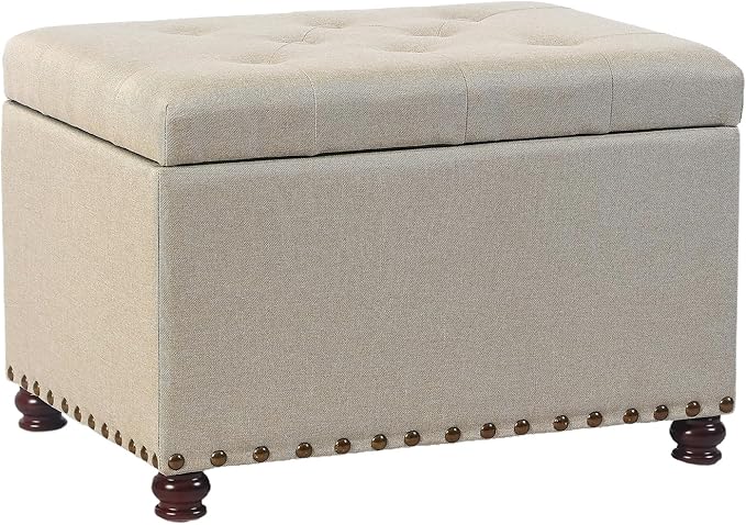 Decent Home 24" Storage Ottoman, Fabric Ottoman Foot Rest Stool with Hinged Lid, Tufted Rectangle Upholstered Footstool, Load up to 350 lb, for Living Room, Bedroom, Dorm, Beige, Bronze Rivets