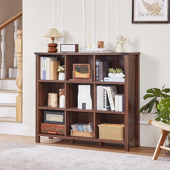 Joaxswe 9 Cube Bookcase, Farmhouse 47 Inch Wide Brown Walnut Bookshelf, Wooden 3 Tier Display Large Open Book Shelf, Vintage Horizontal Book Case for Home Office, Cubby Storage Cabinet for Living Room