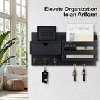 Lwenki Wall Mount Key Holder with Mail Organizer, 100% Paulownia Wood, 7 Metal Hooks, Storage Drawer, Entryway Home Decor (Black)