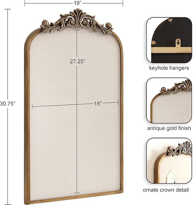 Kate and Laurel Arendahl Arch Pinboard; Gold; 19 x 31; Framed Arched Ornate Vintage Pinboard for Unique Display; Organization; and Decor Options