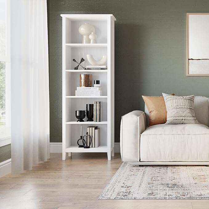 SIMPLIHOME Artisan Bookcase - 72 inch Tall 5-Shelf Solid Wood Bookshelf in White, Contemporary Storage for Living Room, Study Room or Office with Adjustable Shelves and Decorative Side Panels