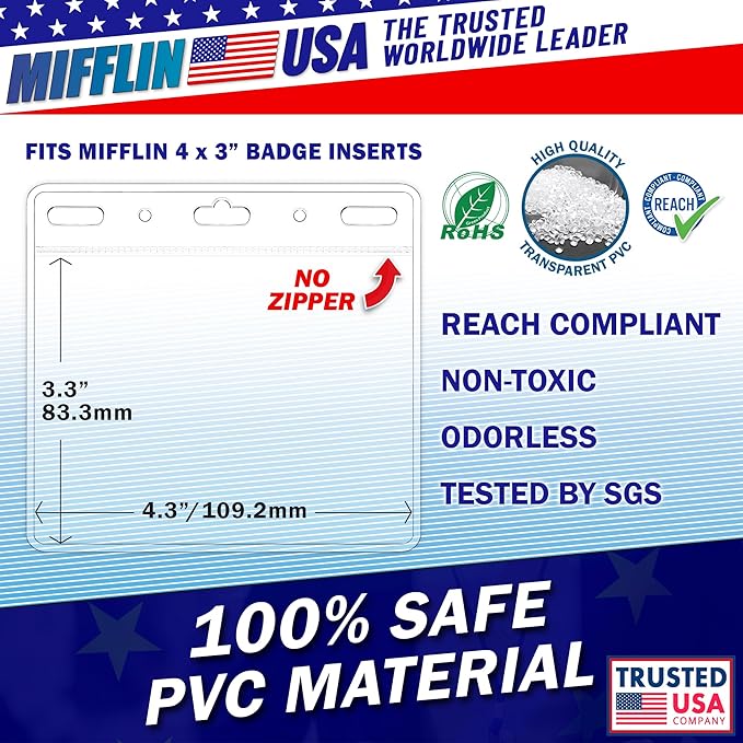 Mifflin-USA Card Protector (4x3 Inch, Clear, Bulk 100 Pack) Quick Load Horizontal No Zipper Name ID Badge Holder
