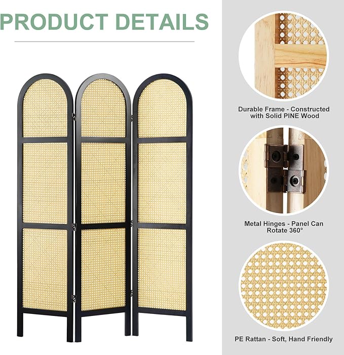 Svimi Room Divider and Folding Privacy Screens, Pine Wood 5.6 Ft Double Hinged Rattan Partition Freestanding Wall Room Divider for Home - 3 Panels