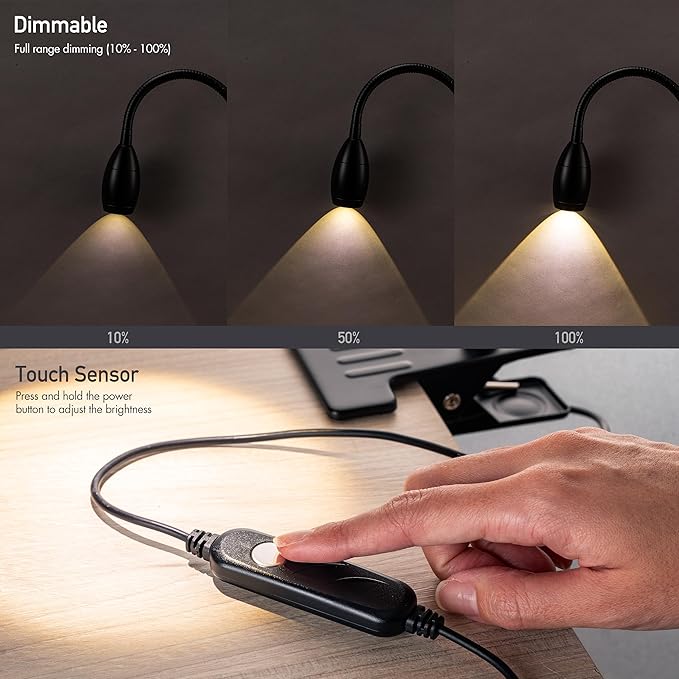 O'Bright Lumos - Versatile Clip-on Lamp: Zoomable Spotlight, Dimmable LED, Flexible Gooseneck, 4000K Light, 100% Metal Clamp - Ideal for Reading, Crafting, Work, and Headboards, Black