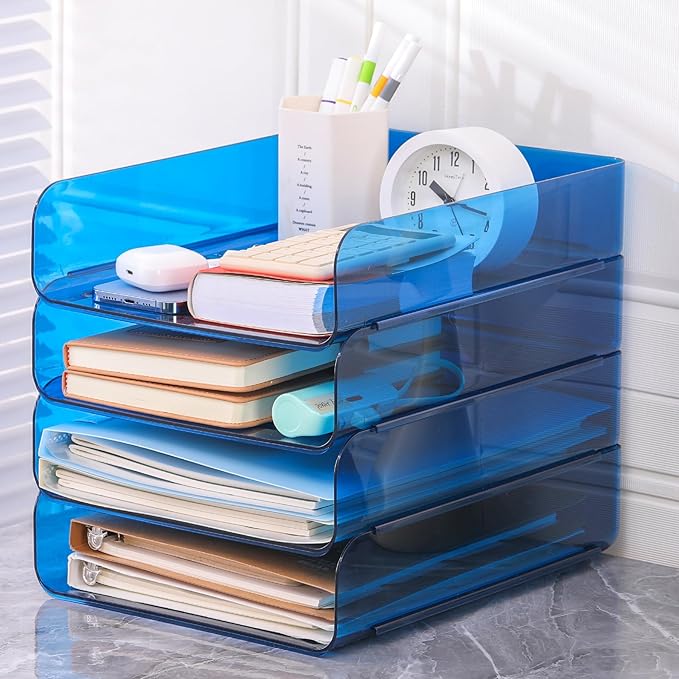 CiWiVOKi 4 Pack Stackable Paper Tray Organizer File Organizer for Desk, Office Organizer and Storage for Desk Accessories, Notes, Books, File Paper, Document, Blue